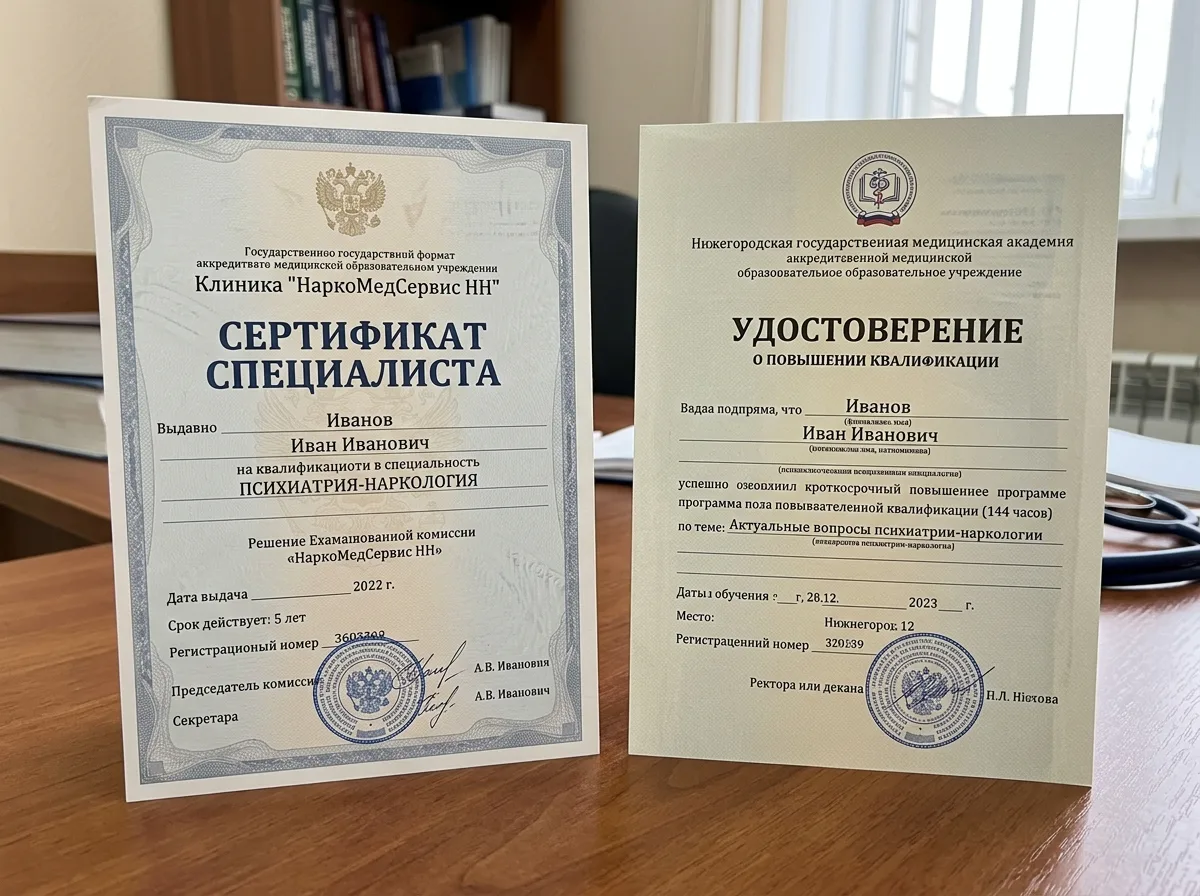 Сертификаты специалистов врачей-наркологов клиники НаркоМедСервис НН, документы о повышении квалификации по психиатрии-наркологии, выданные аккредитованными медицинскими учреждениями